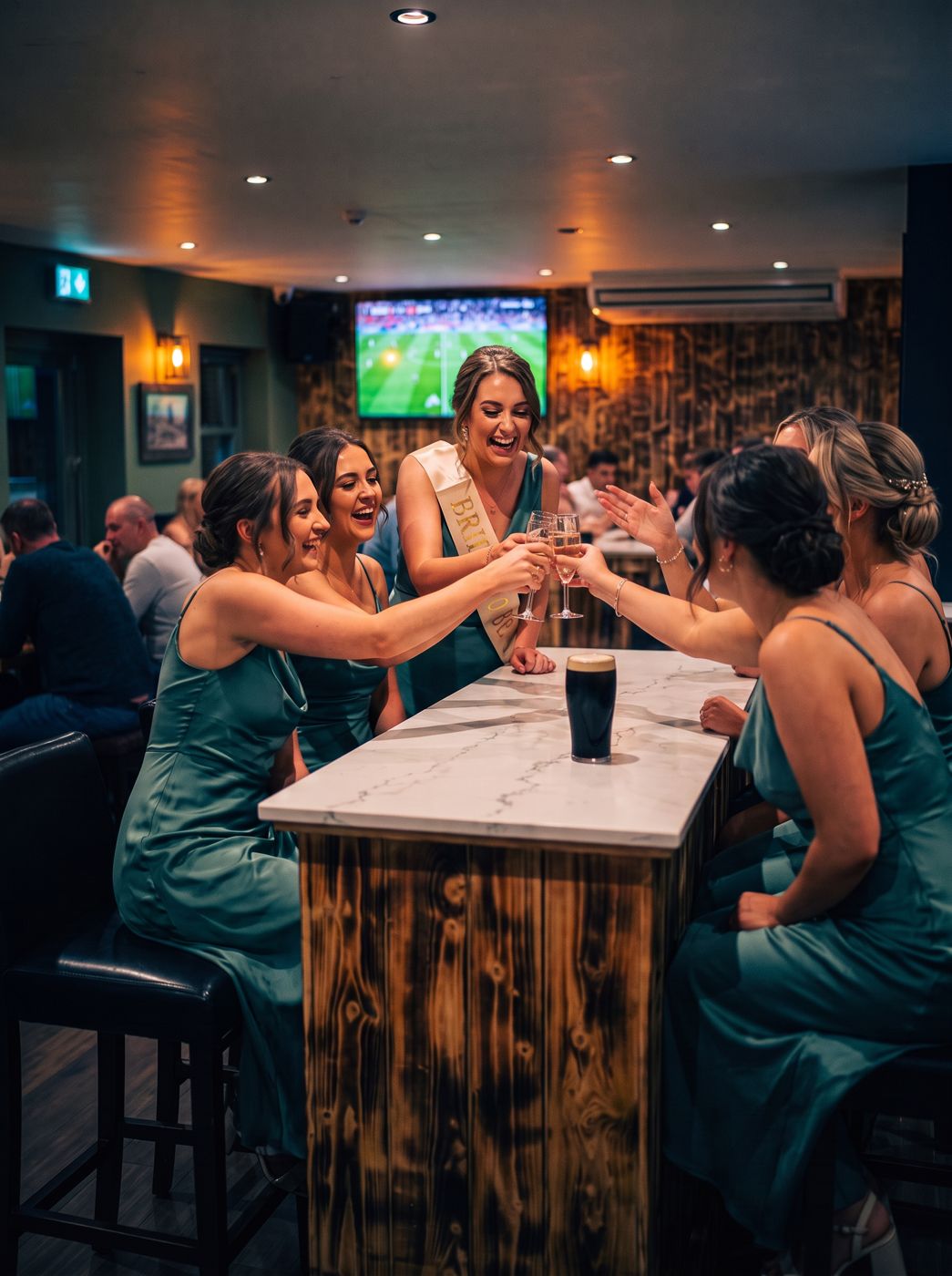 Bridal group toasting at the real Claremount bar, atmosphere re-creation